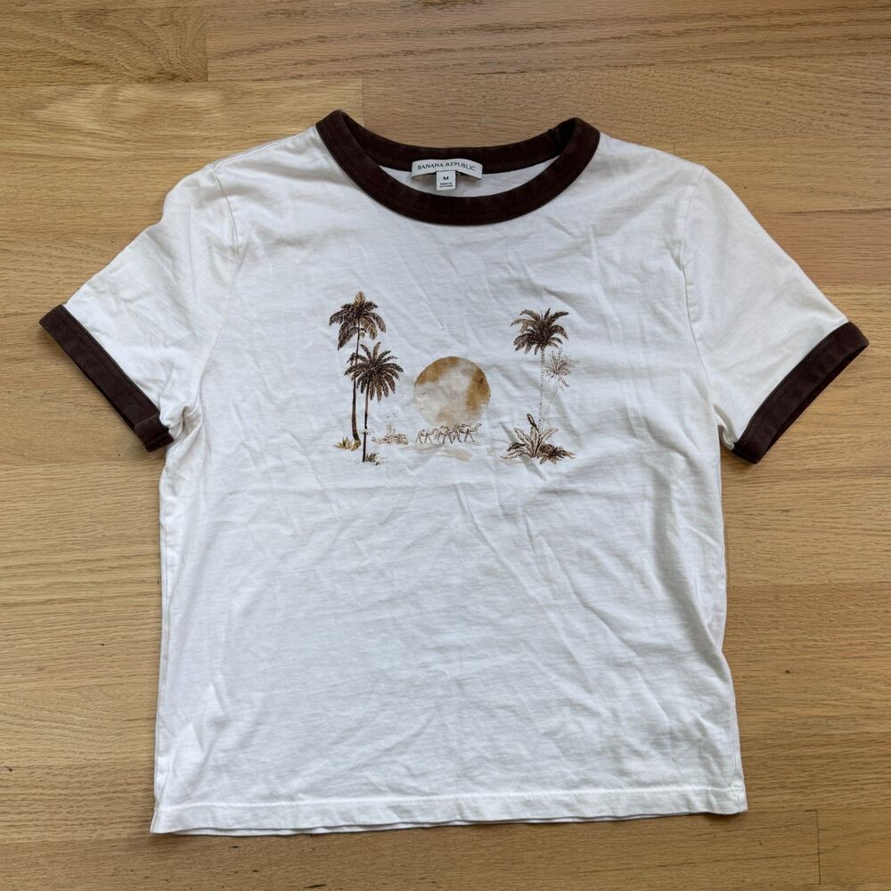 Banana Republic Women’s M Y2K Palm Tree Graphic Ringer T-Shirt
